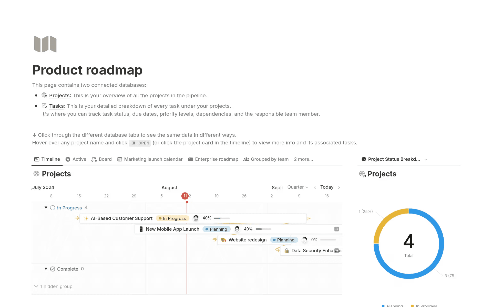The Product Roadmap Notion template for outlining project phases