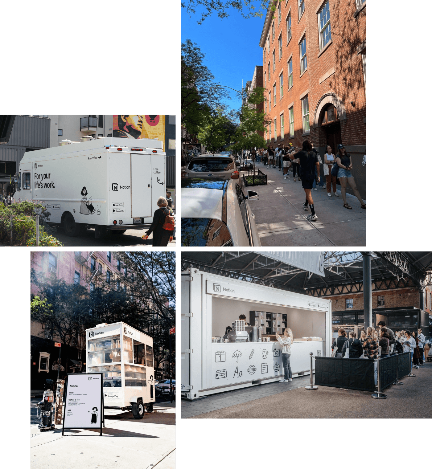 Clockwise from top left: Notion pop-up in San Francisco; lines at the pop-up in New York City; opening of Notion pop-up in London; mini coffee truck in New York City.