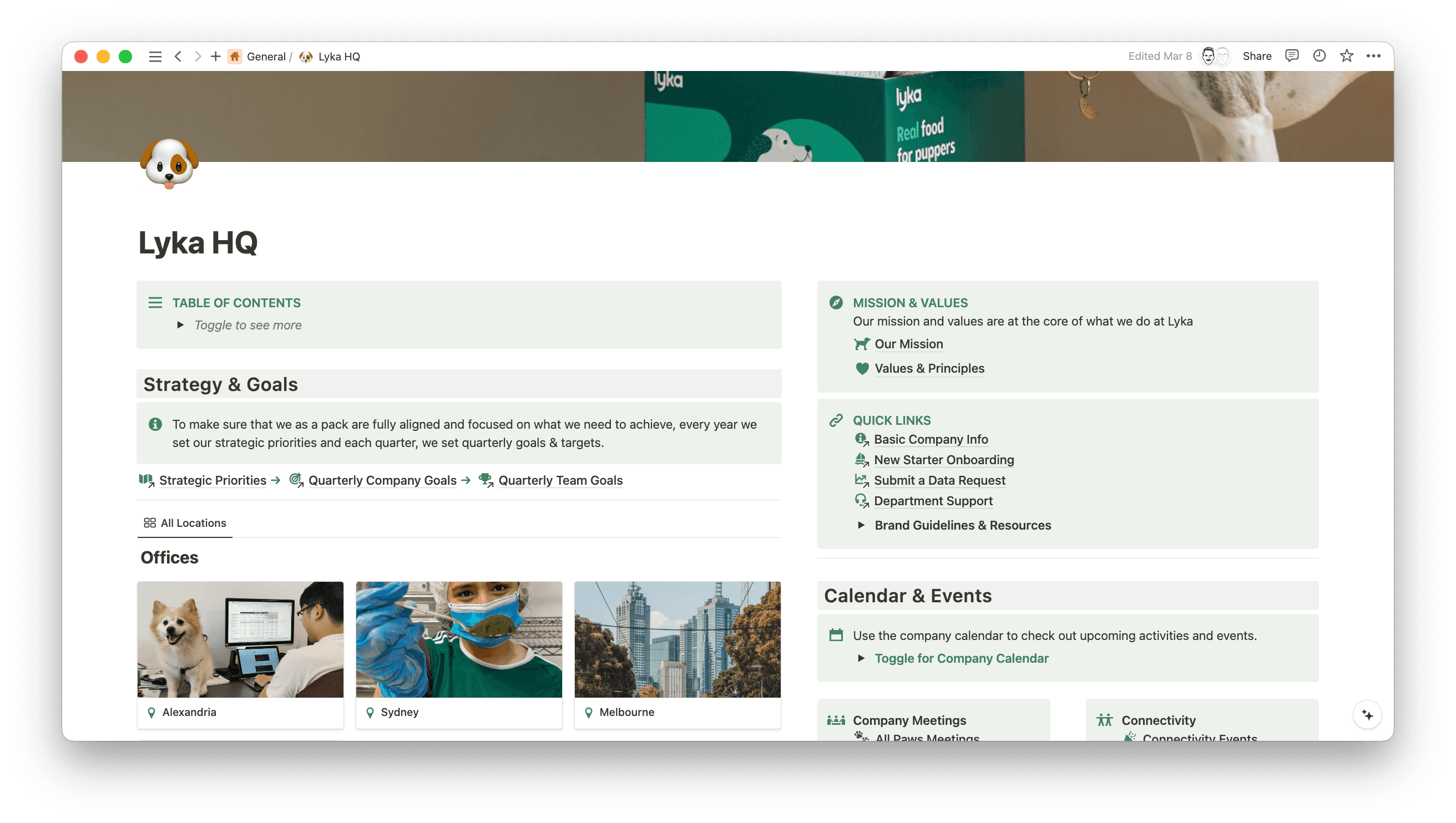 The Lyka HQ wiki is where all important company-wide information lives, like overall strategy, mission and vision, and upcoming company events.