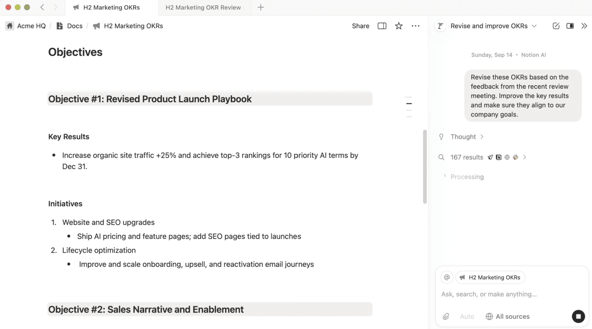 A screenshot of a prompt that asks a Notion AI Agent to revise existing OKRs based on meeting notes