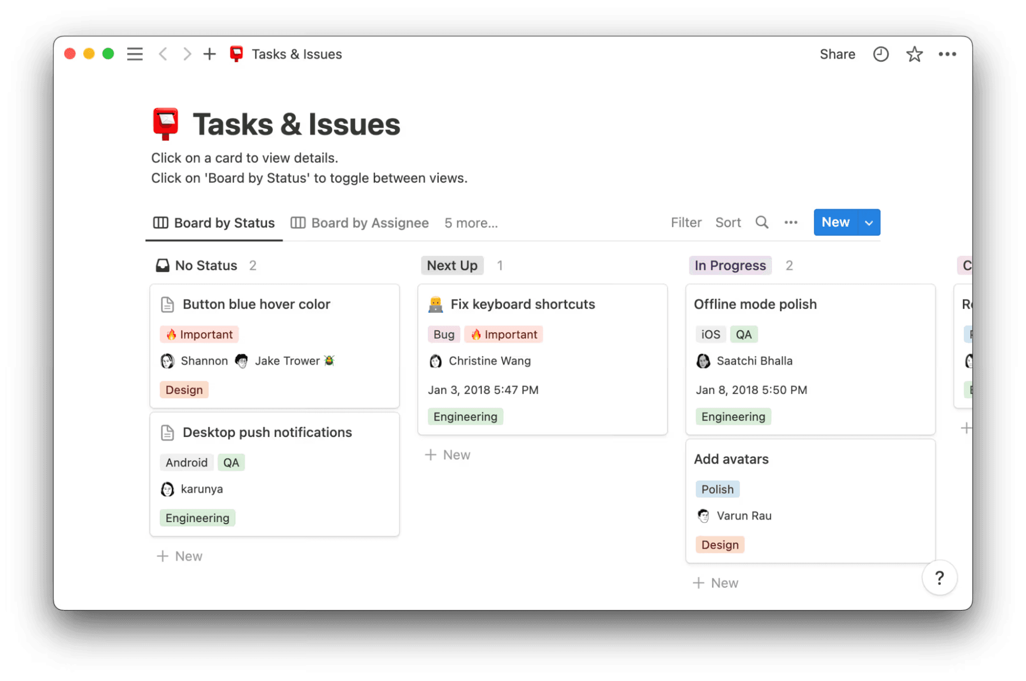 A Notion template that shows tasks and issues on a Kanban board
