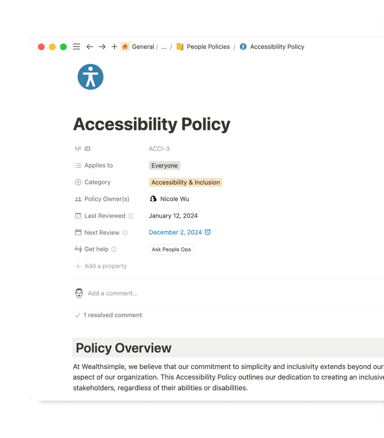 Wealthsimple’s Policies Library is easy navigate, maintain, and keep up-to-date with database features like page owners, last edited dates, and review schedules at a glance.