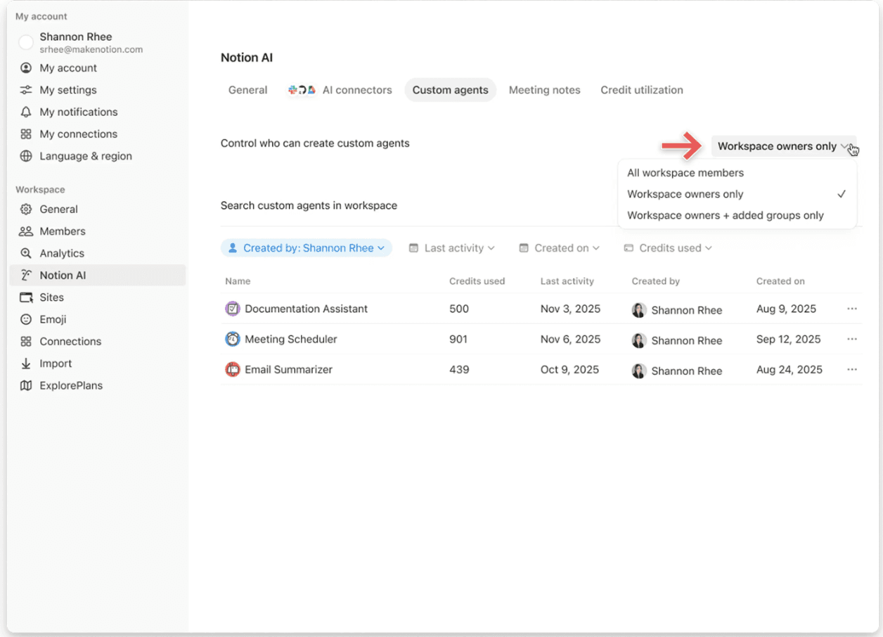 notion credits dashboard who can create agent